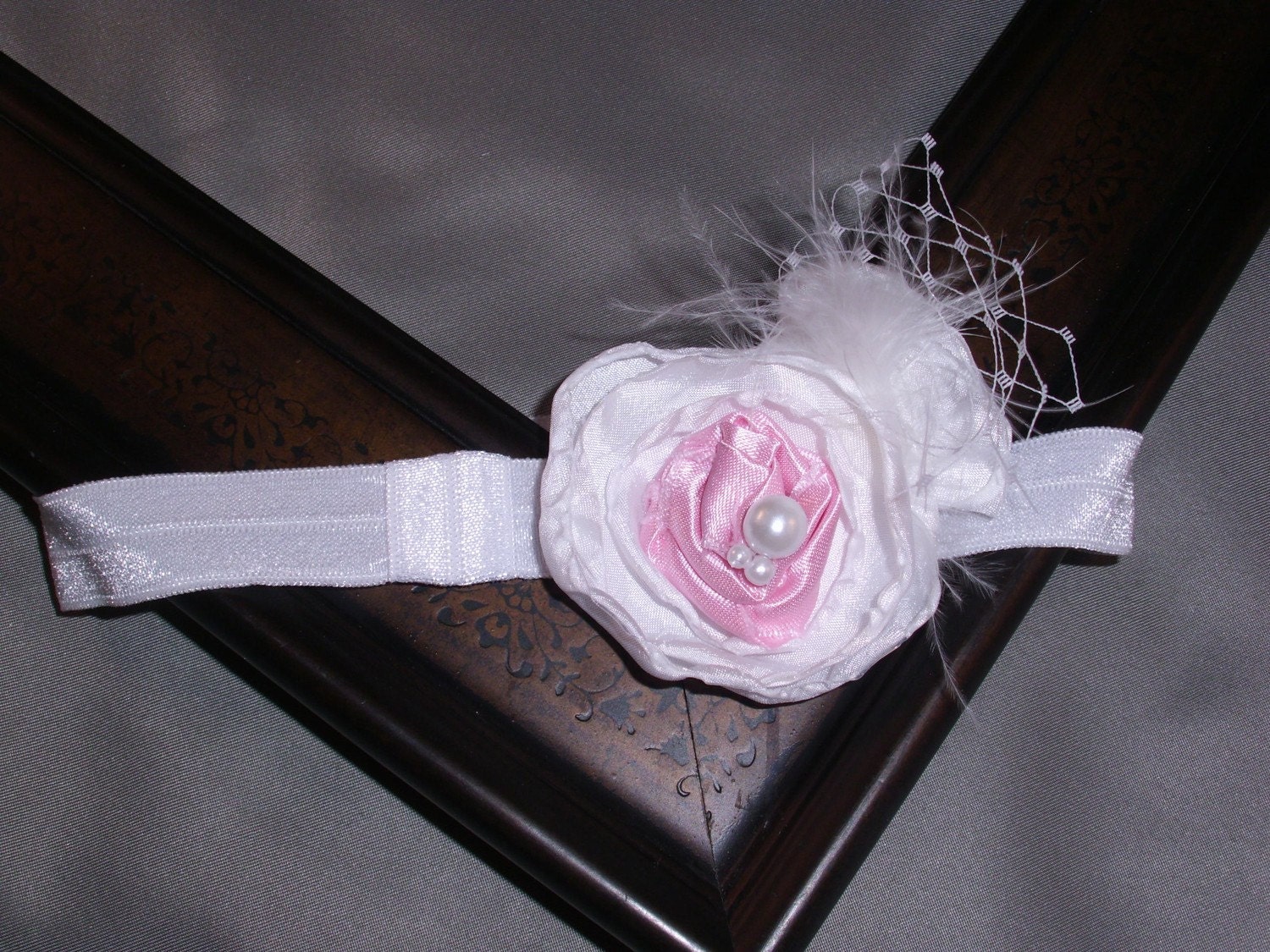 Vintage Flapper Hair Clip White and Pink Flower with Netting, Marabou and Pearls-photo prop, newborn, blessing, wedding, photography