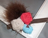 Vintage Flapper Hair Clip Headband-3 Rolled Rose Flowers in Tan, Blue and Orange accented in Marabou and Wood Beads