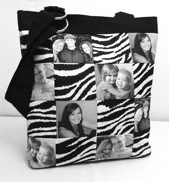 Photo Picture Tote Bag Purse Zebra Print Patchwork Personalized Gift with 4 photos