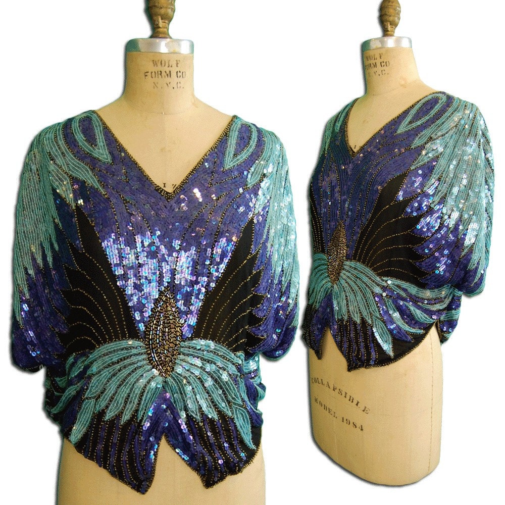 1970s Vintage Silk Beaded Flower Blouse