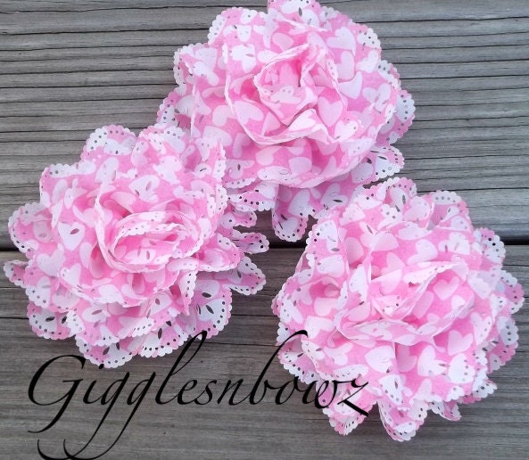 New Item- 3 Piece Set Chiffon Eyelet Fabric Rosette Puff Flower 4 inch- Pink with White Hearts
