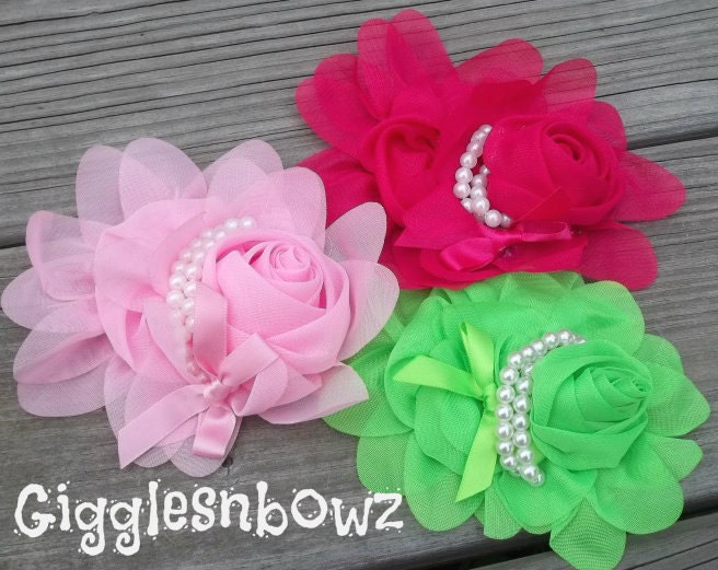 New COLORS Set of 3- Chiffon Rolled Rose with layers of Ruffles and Pearls- Lime, Shocking, Pink