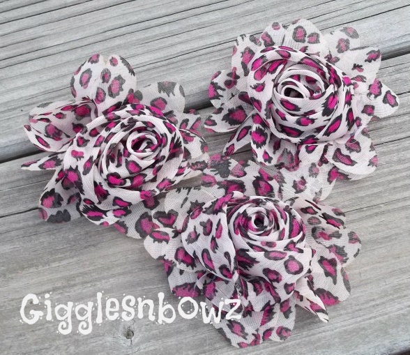 New to Shop- 2.5 Inch Chiffon Rolled Rose with Ruffles- Pink Leopard Print, Set of Three