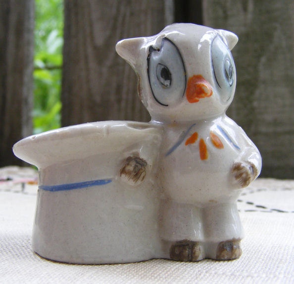 Vintage Hoot Owl Ceramic Bird Toothpick or Match Holder Japan