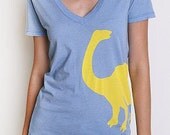 Yellow Dino Hand STENCILED Artist Series Deep V Neck Tee in Heather Blue - XS S M L XL 2XL