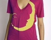 Yellow Moon and Birds Hand STENCILED Deep V Neck Artist Series Tee in Raspberry - XS S M L XL 2XL 3XL