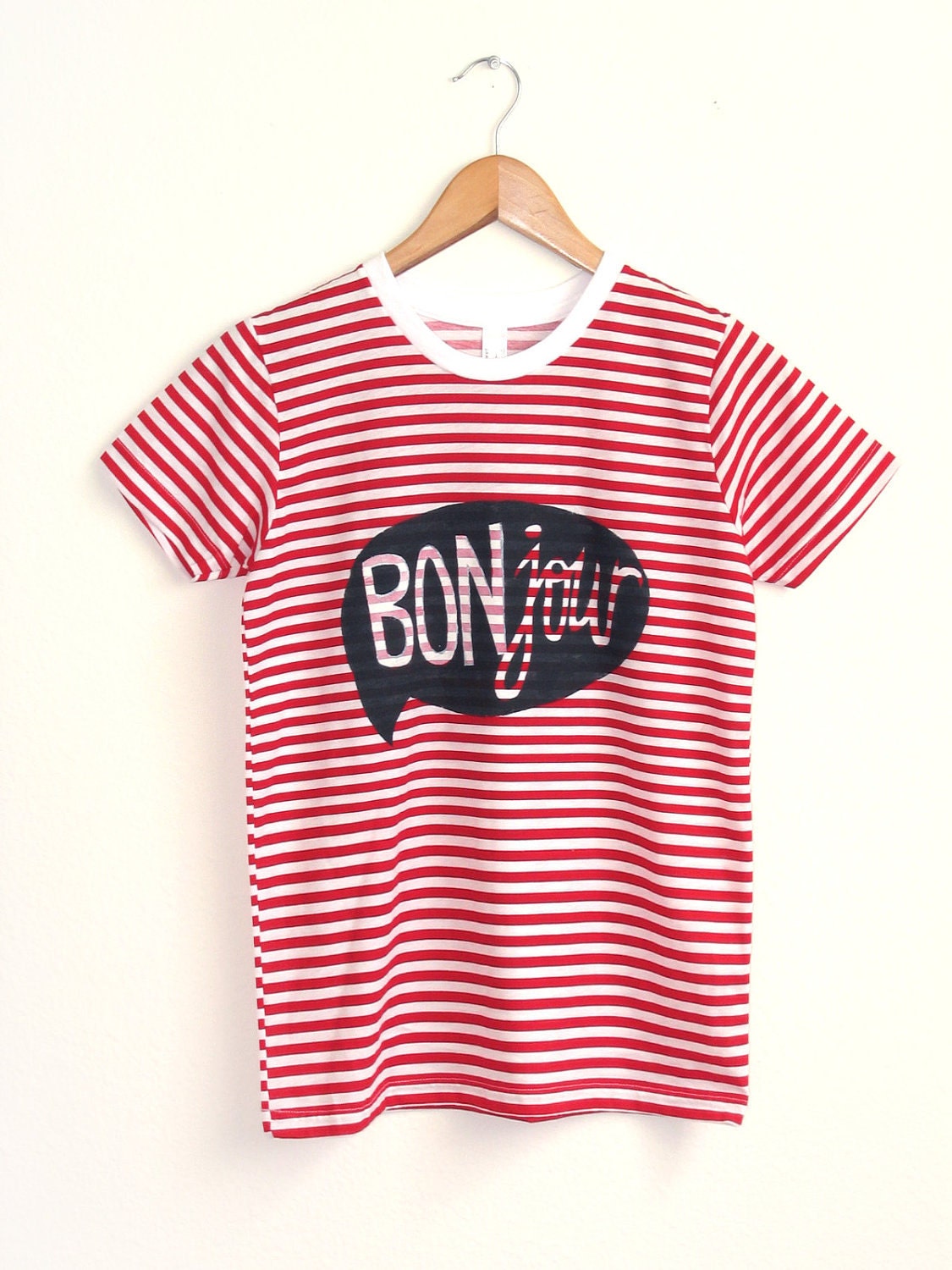 Red and White HAND STENCILED Striped Word Bubble Rolled Cuffs Hello Bonjour Tee - S M L XL 2XL