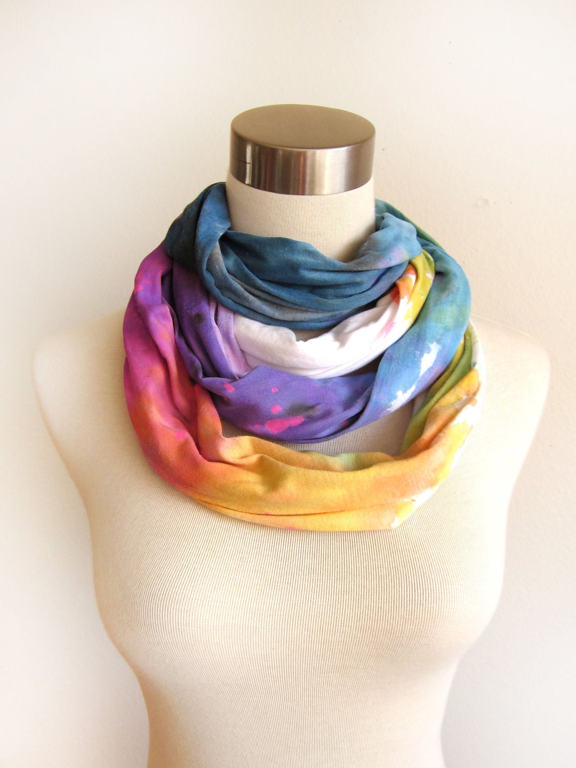 The Original "Splash Dyed" Hand PAINTED Slouchy Jersey Circle Scarf in White Spectrum Rainbow