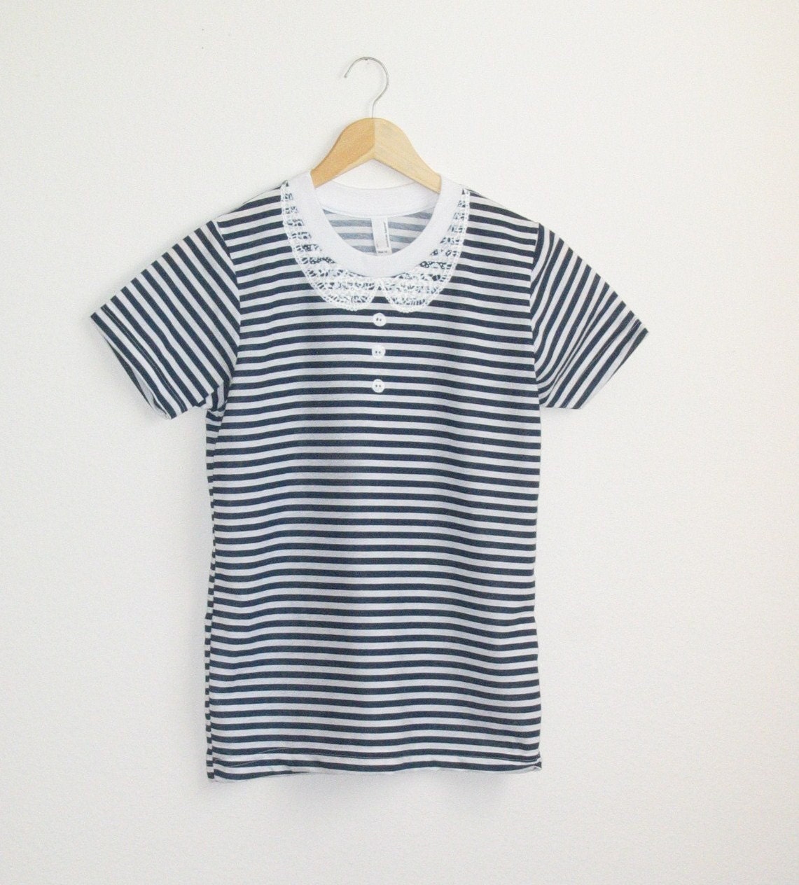 Trompe L'oeil Navy Blue Striped Hand Painted Lace Peter Pan Collar Faux Button Down Secretary Blouse Tee Shirt