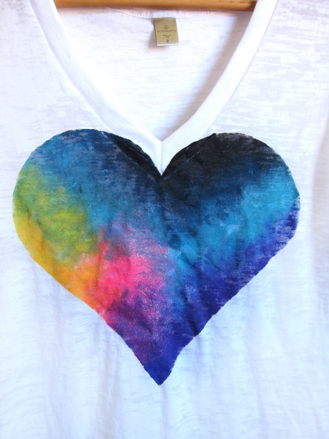 The Original "Splash Dyed" Hand PAINTED Heart White Burnout Deep V Tee Shirt in Spectrum Rainbow - S M L XL 2XL