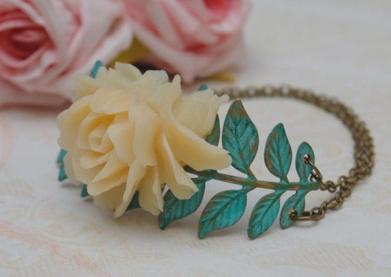Verdigris Long Leaf and Vintage style Rose Cabochon Bracelet