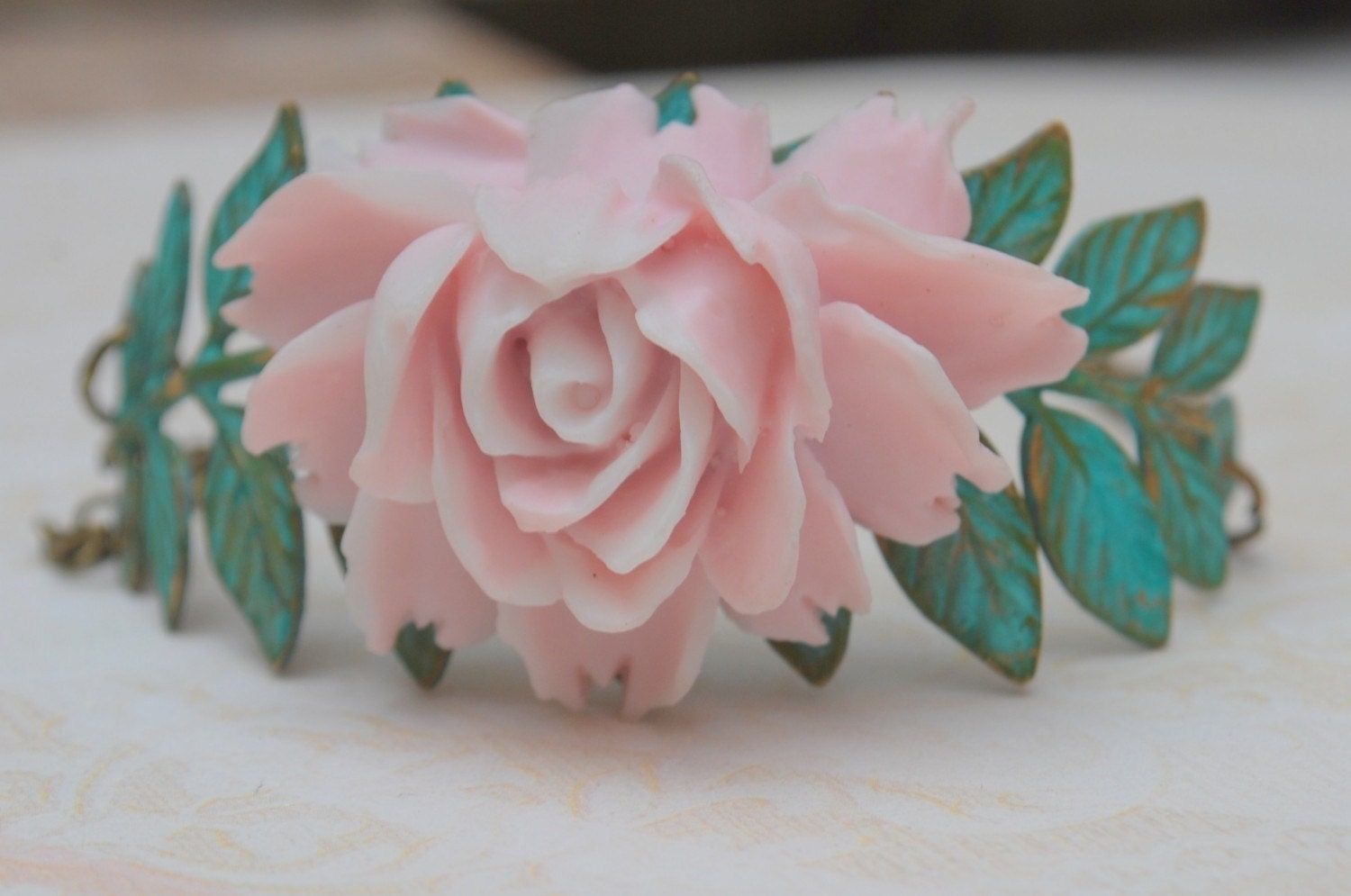 Verdigris Long Leaf and Vintage style Rose Cabochon Bracelet
