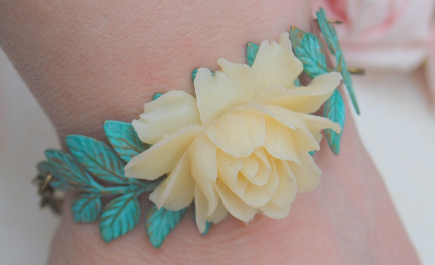 Verdigris Long Leaf and Vintage style Rose Cabochon Bracelet