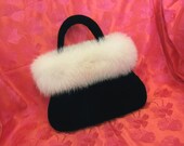 BLACK SILK VELVET EVENING BAG w\/WHITE FOX TRIM