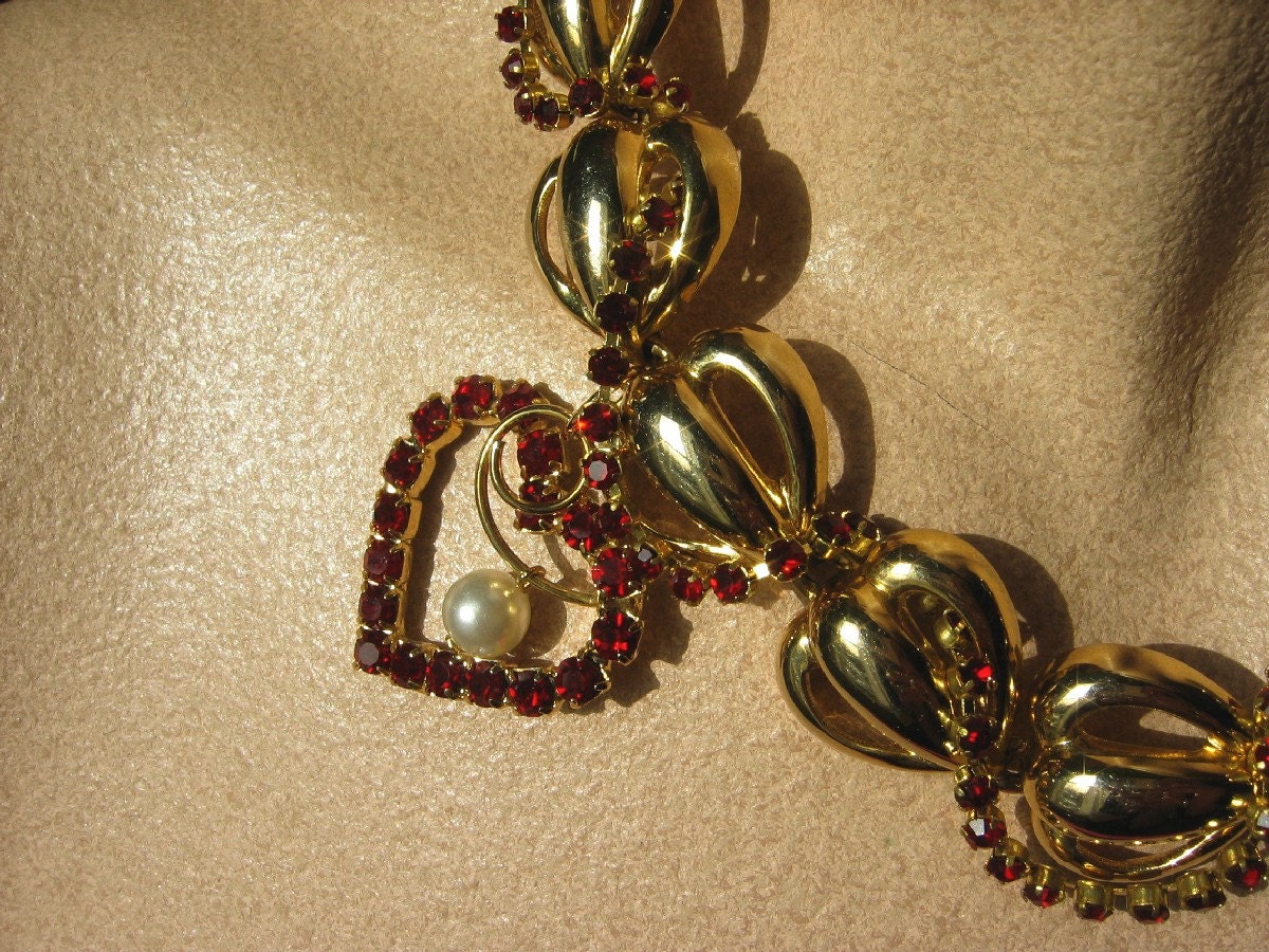 Weave Me Into Your Heart Statement Necklace - Gold Chain Woven with Red Rhinestones, embellished with a Vintage Rhinestone and Pearl Brooch