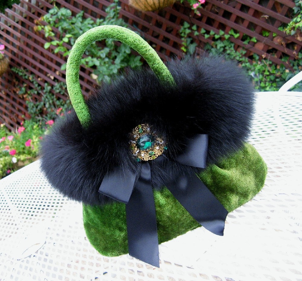 EMERALD GREEN VELVET EVENING BAG with BLACK FOX TRIM, SATIN NOIR BOW and VINTAGE RHINESTONE and PEARL BROOCH, FIT FOR A QUEEN
