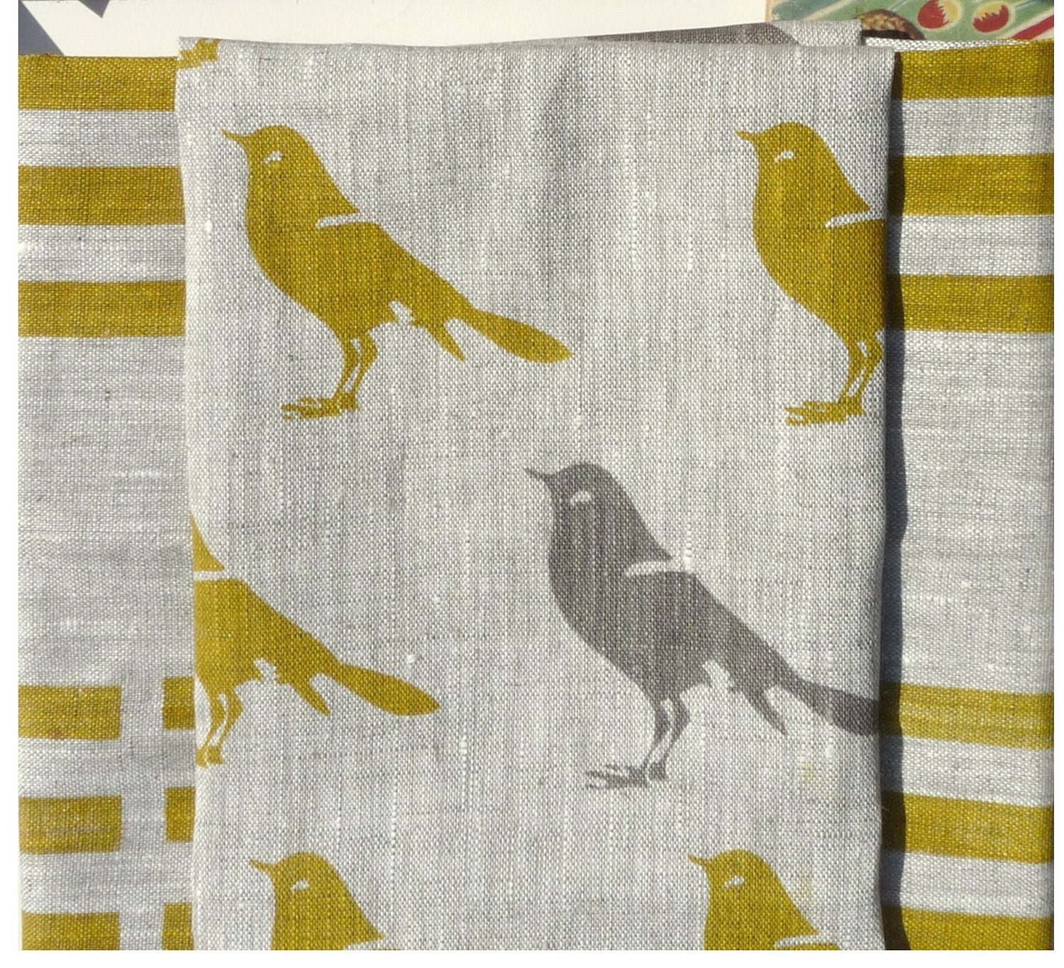 Mustard and gray bird linen- hand screen printed linen - eco-friendly - celina mancurti