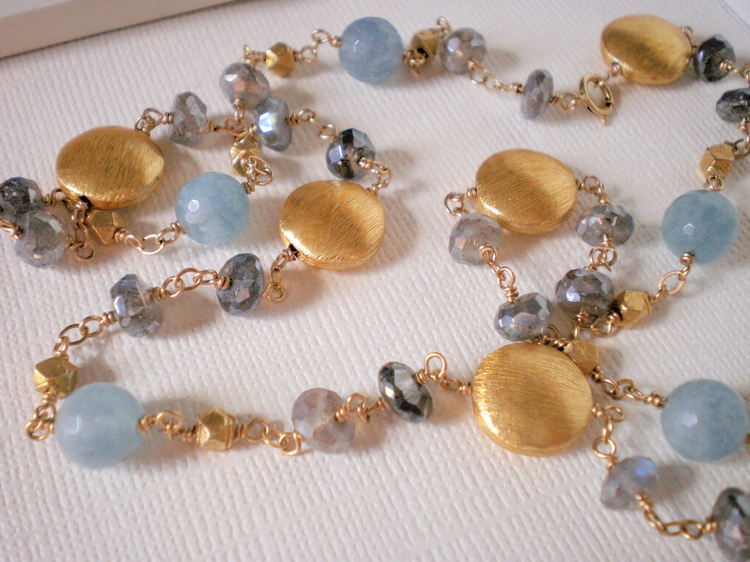 Blue Quartz, Mystic Labradorite, Gold Nuggets and Discs Necklace
