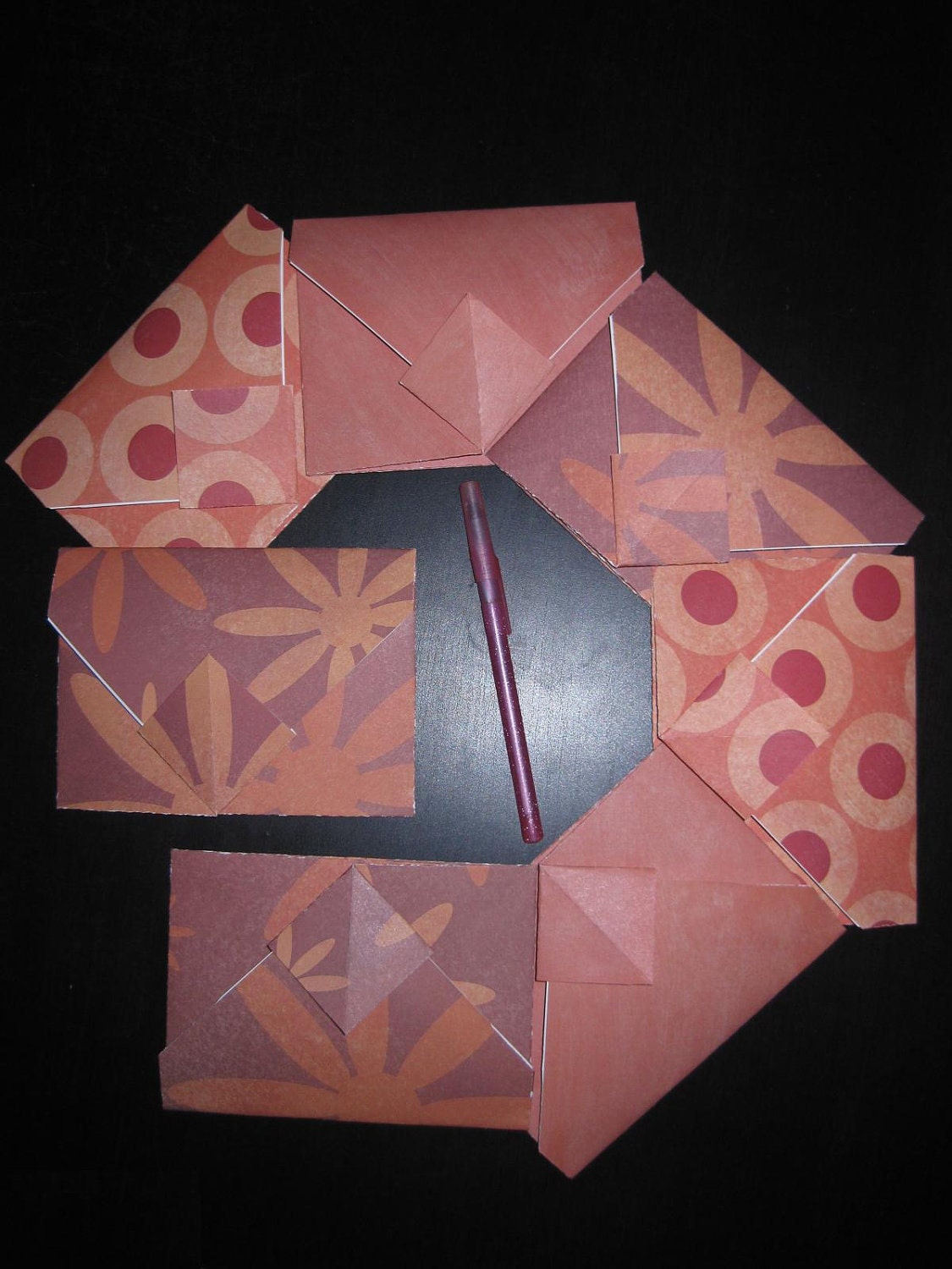 Lot of 7 Decorative Multi-Folded Self-Closing Origami Envelopes - Double Thick Single Sided 12x12 Scrapbook Paper (Flowers, Circles, Stone)