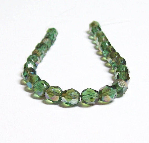 Czech Fire-Polished Glass Faceted Round - 6mm - Prairie Green Celsian - 20 Beads