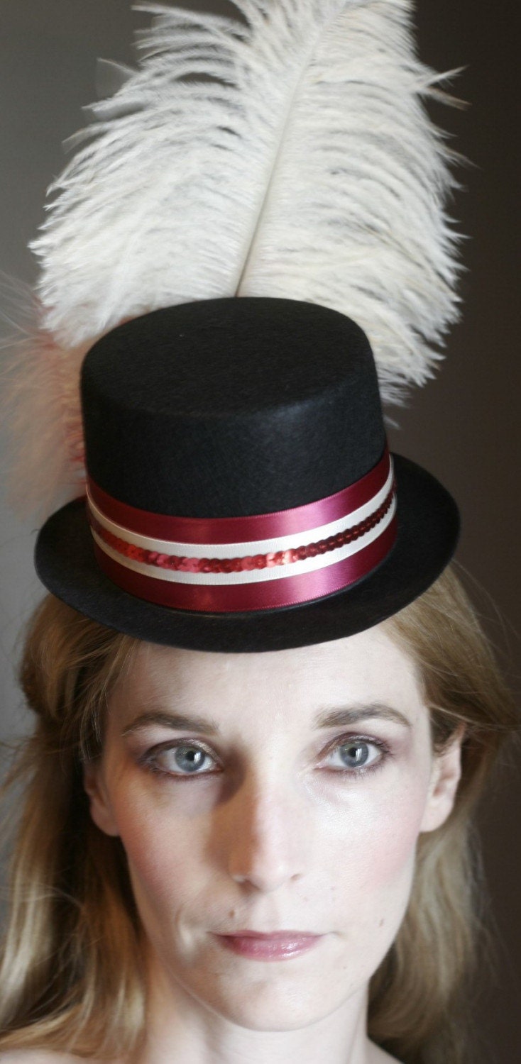 Red White and Black Burlesque Mini Top Hat with Ostrich Feathers