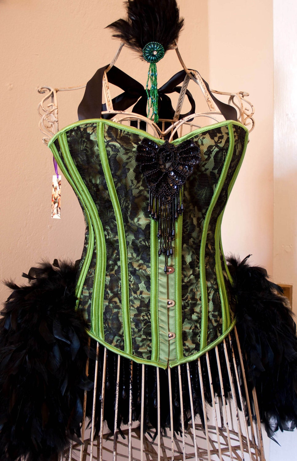 POISON IVY Burlesque Corset Showgirl Costume green black St. Patty's dress