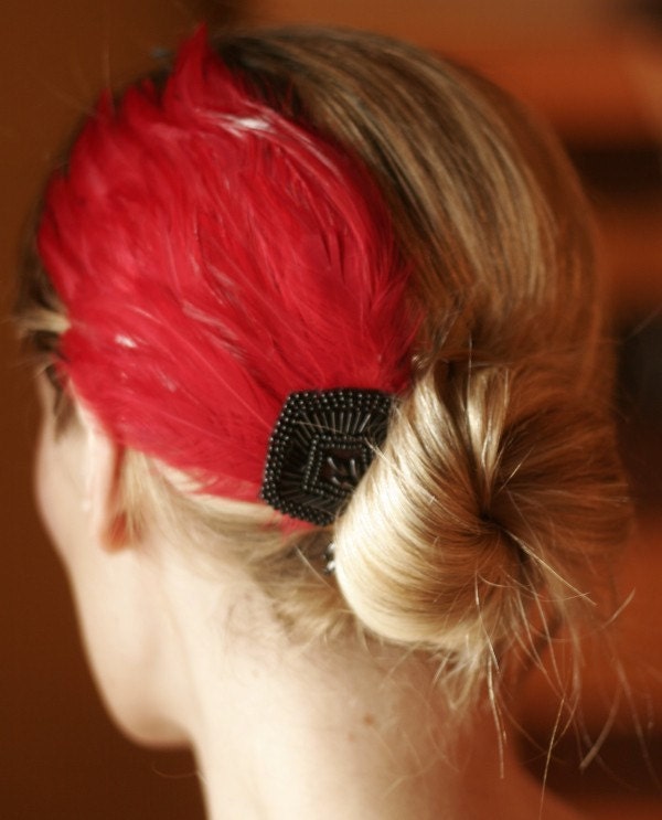 Beautiful RED burlesque wedding feather fascintor with gorgeous black hand-beaded applique