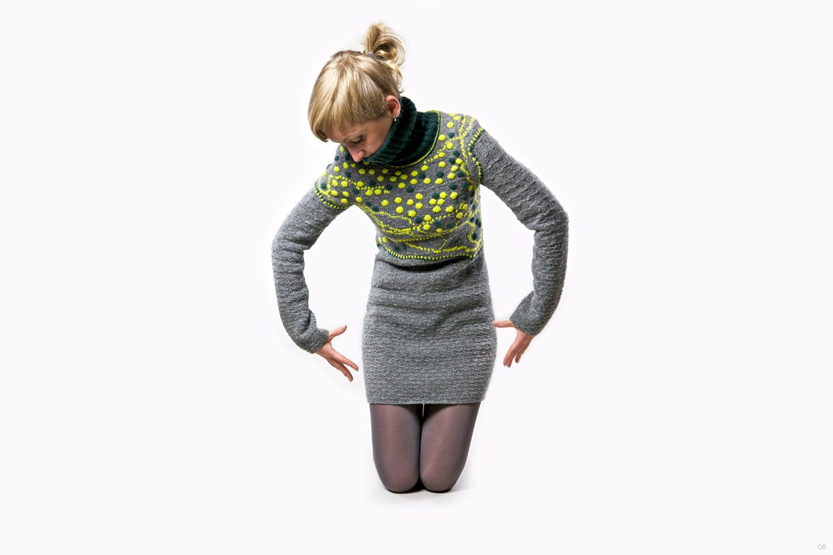 Sitting in the Park' Unique hand knitted grey dress/ sweater OOAK