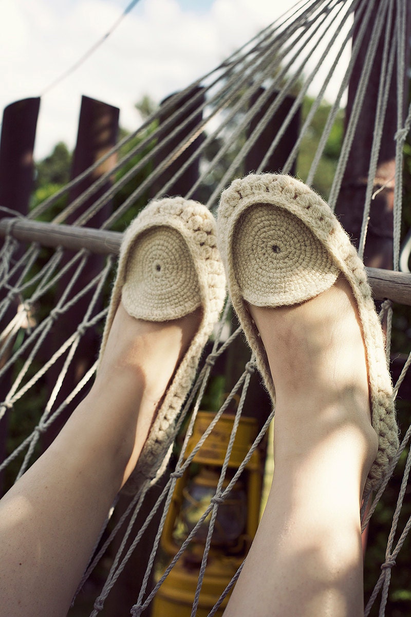 Crocheted home slippers moccasins from natural white organic wool Handmade to Order