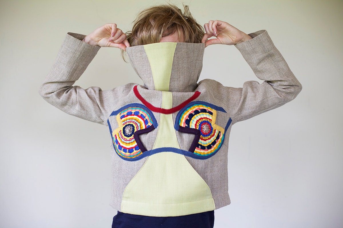Owl" Original linen women jacket - hoodie, with African owl motive. OOAK
