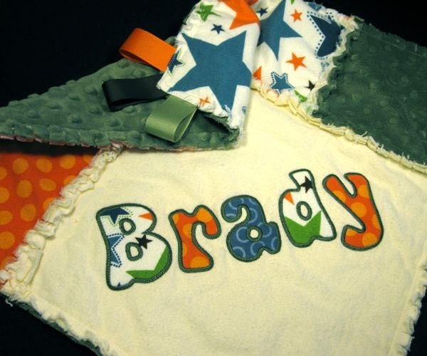Lovie Minky Baby Blanket - All Star Rag Lovie in Olive & Orange appliqued with your child's name, security baby blanket, boy mini rag quilt