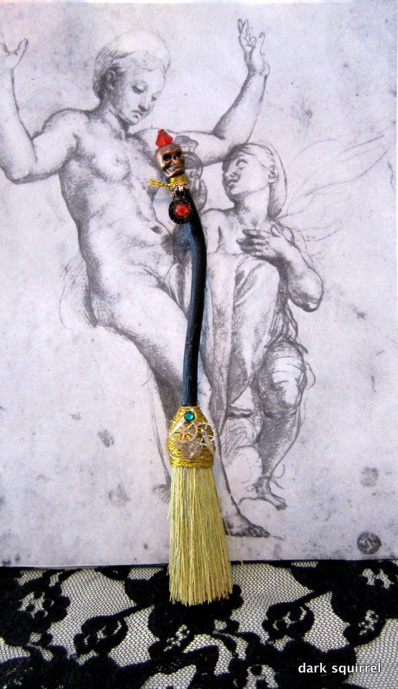 Ruby Skull Witch or Wizards Broom/Besom ooak dollhouse miniature in one inch scale