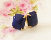 Navy Blue Post Earrings - Vintage Navy Blue Jewel Brass Setting Surgical Steel Post Earrings - Preppy, Wedding, Bridal, Bridesmaid Stud s