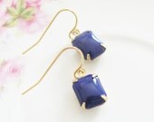 Petite Navy Blue Earrings - Vintage Rectangle Glass Jewel Dangle Earrings - Gold Plated Surgical Steel French Earwires - Wedding, Bridesmaid