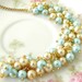 Aqua Blue and Natural Glass Pearl Cluster Necklace with Dainty Vintage Brass Chain