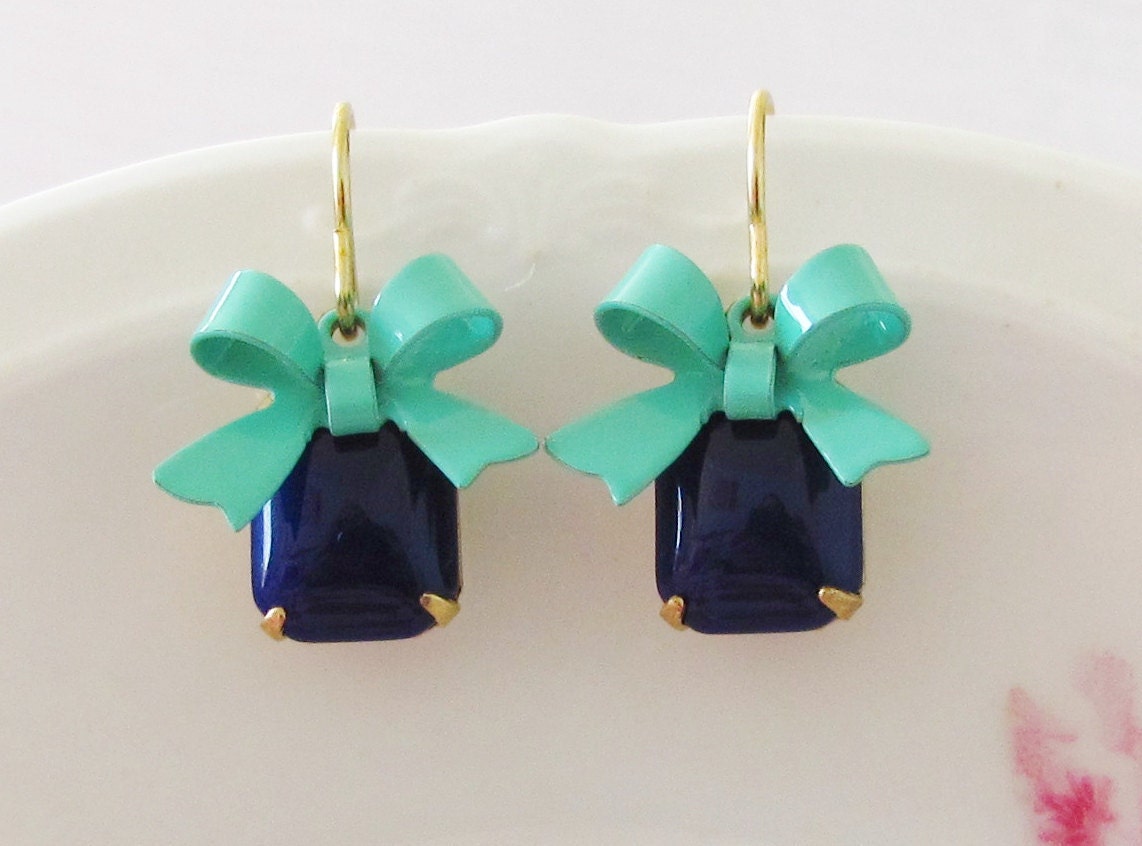 Turquoise Bow Earrings - Navy Blue Vintage Glass Jewel and Turquoise Enamel Bow Dangle Earrings - Preppy, Wedding, Bridal, Bridesmaid