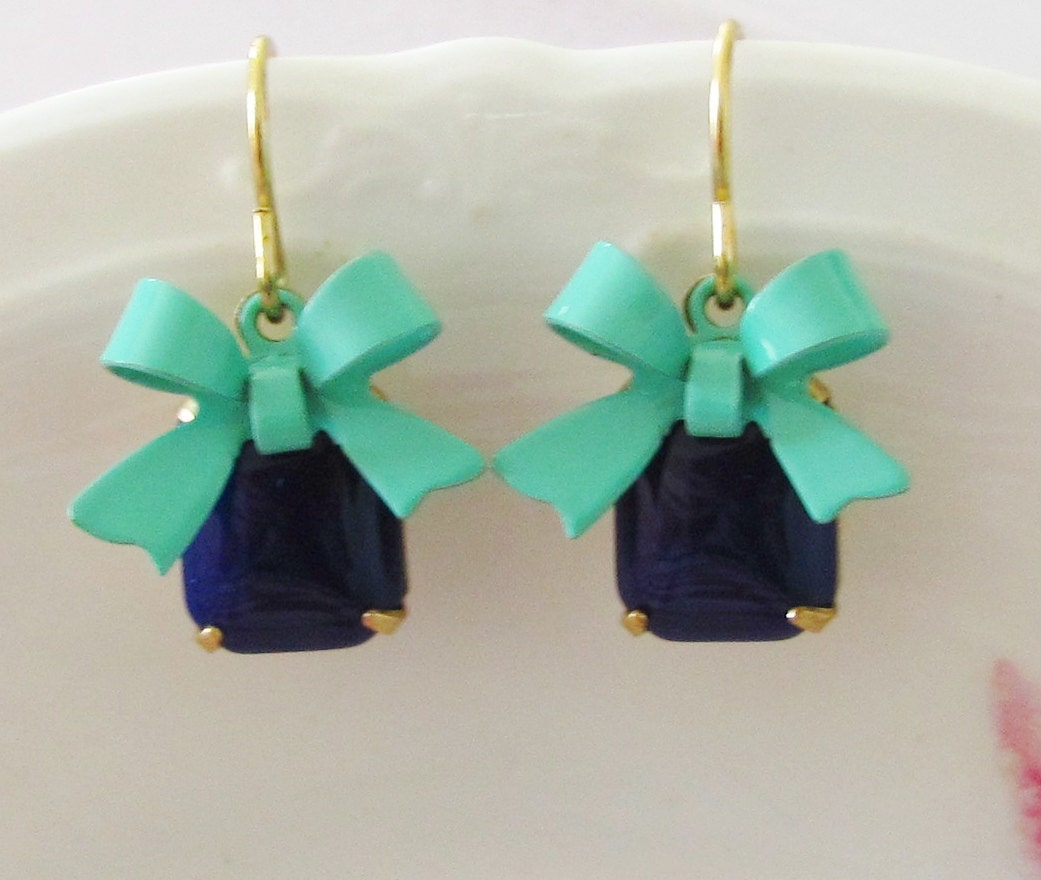 Turquoise Bow Earrings - Navy Blue Vintage Glass Jewel and Turquoise Enamel Bow Dangle Earrings - Preppy, Wedding, Bridal, Bridesmaid