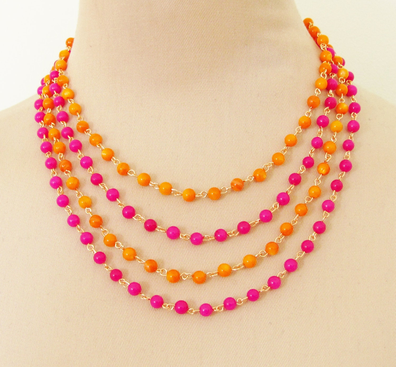 Tangerine Orange and Fuschia Pink Multi Chain Beaded Statement Necklace
