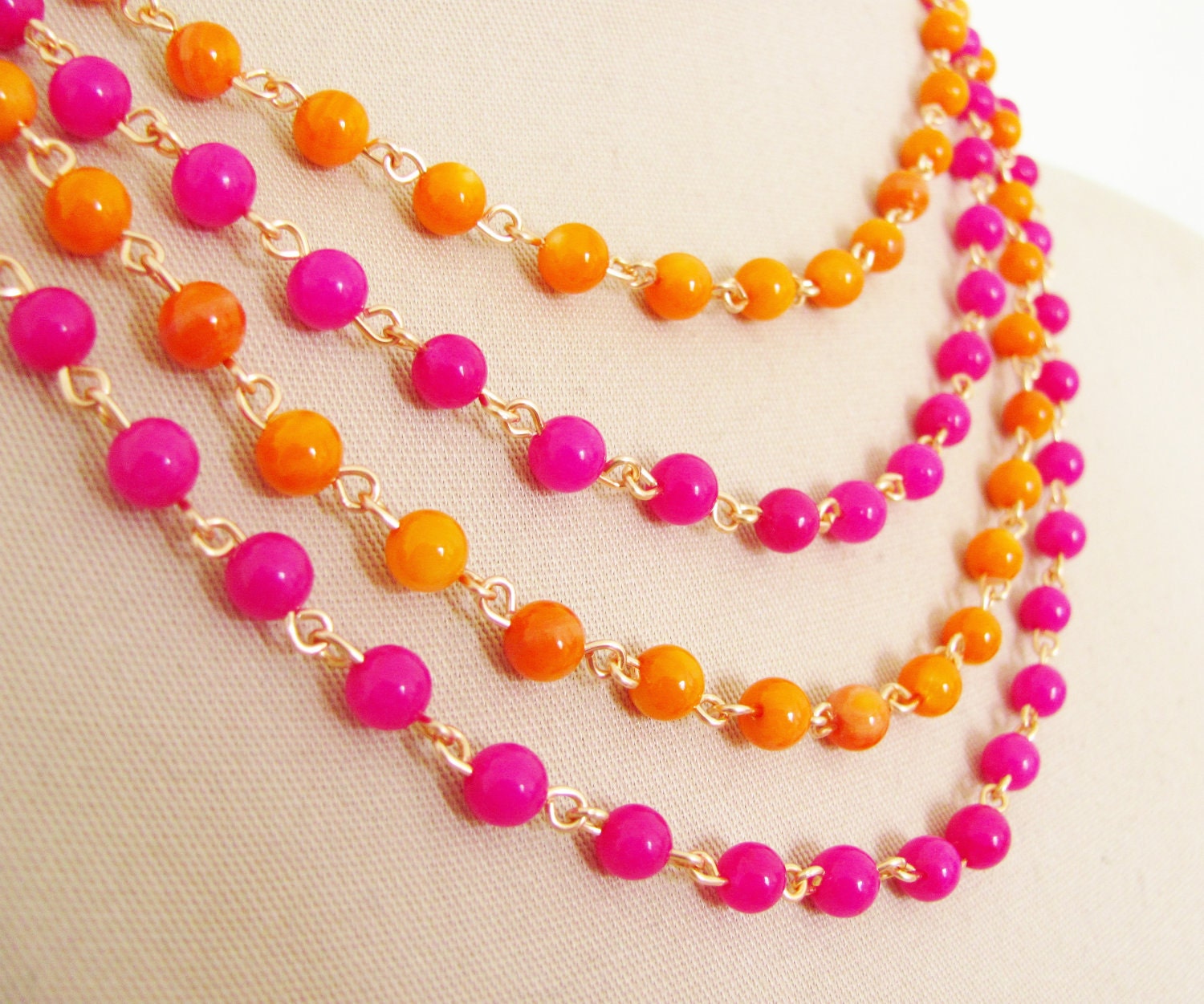 Tangerine Orange and Fuschia Pink Multi Chain Beaded Statement Necklace