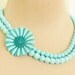 Vintage Aqua Turquoise Blue Enamel Flower Asymmetrical Double Strand Aqua Blue Glass Beaded Statement Necklace OOAK