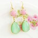 Mint Green Pink Earrings Vintage Teardrop Moonstone and Round Pink Glass Jewel Glamour Dangle Earrings