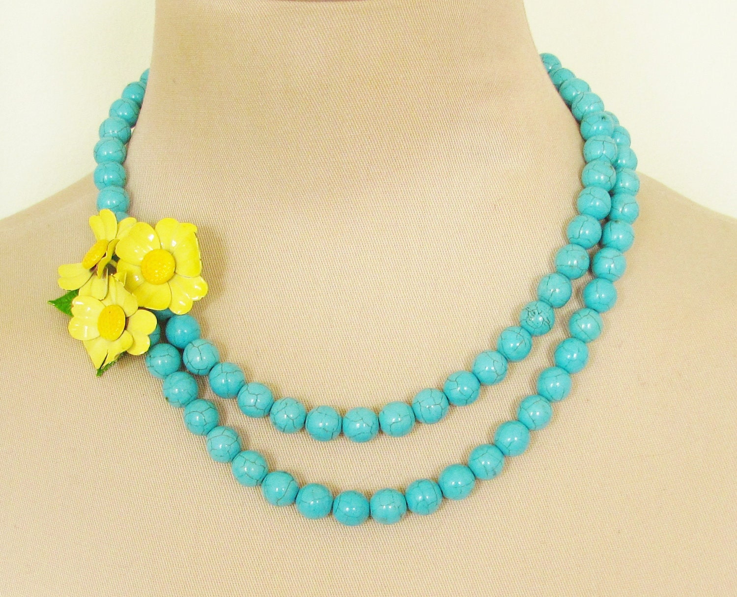 Vintage Enamel Flower Necklace Bright Sunny Yellow Flower Cluster Asymmetrical Double Strand Turquoise Howlite Statement Necklace OOAK