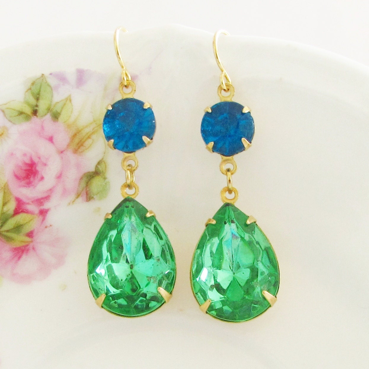 Vintage Peridot Green Teardrop and Ocean Blue Glass Rhinestone Glamour Dangle Earrings
