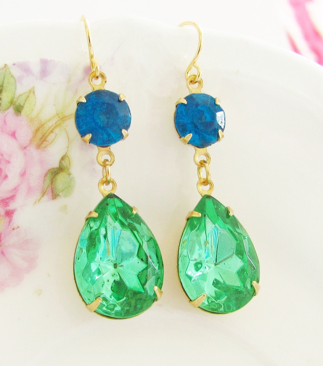 Vintage Peridot Green Teardrop and Ocean Blue Glass Rhinestone Glamour Dangle Earrings
