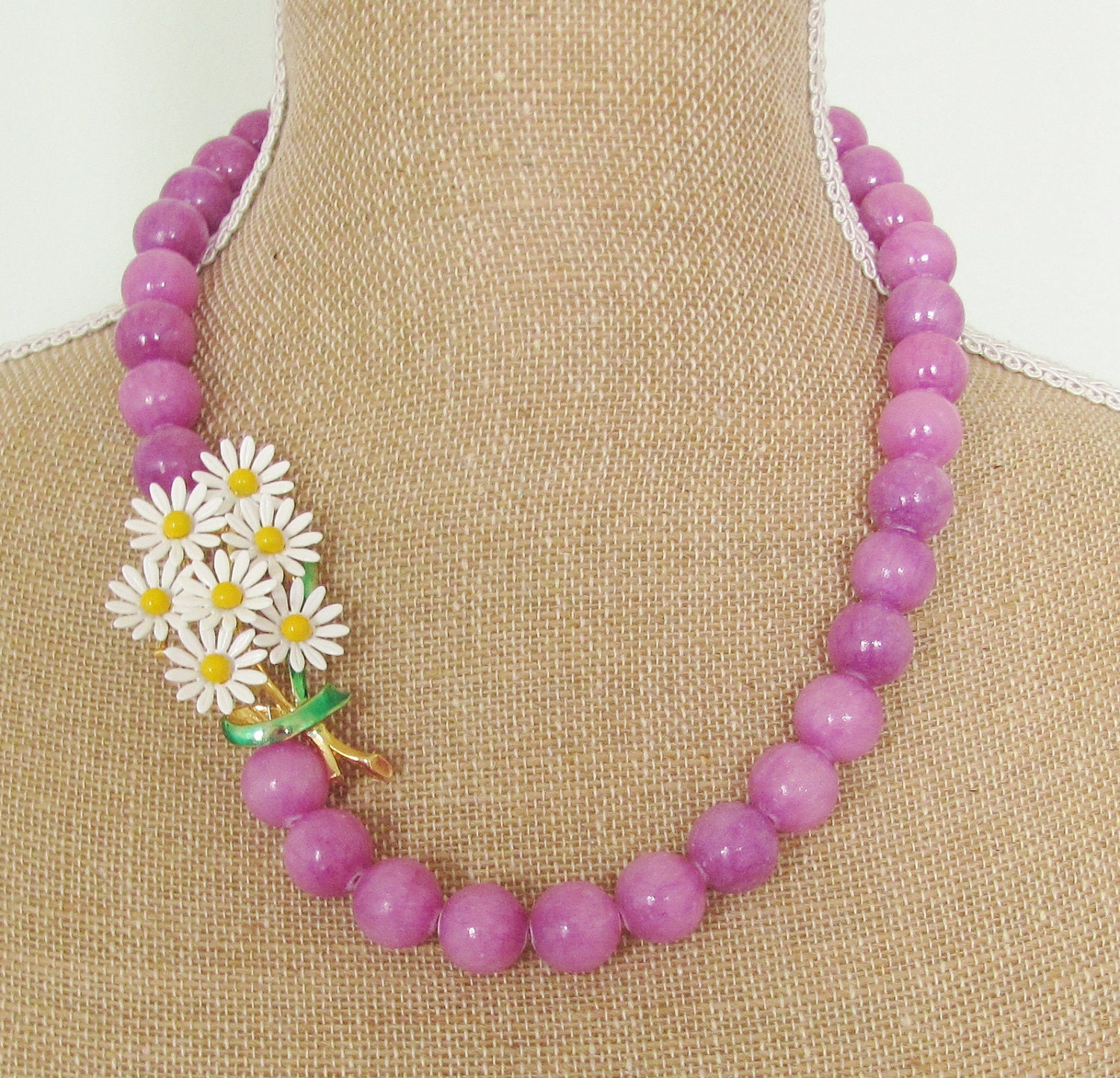 Vintage Enamel Daisy Flower Cluster Asymmetrical Chunky Lavender Purple Dyed Jade One of a Kind Necklace