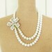Vintage Enamel Flower Necklace Sage Green and Crisp White Asymmetrical Double Strand Glass Beaded Statement Necklace OOAK
