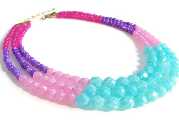 Color Block Necklace Multi Strand Aqua Blue and Pink Faceted Czech Glass, Plum Purple Moonstone, Raspberry Pink Dyed Jade Beads