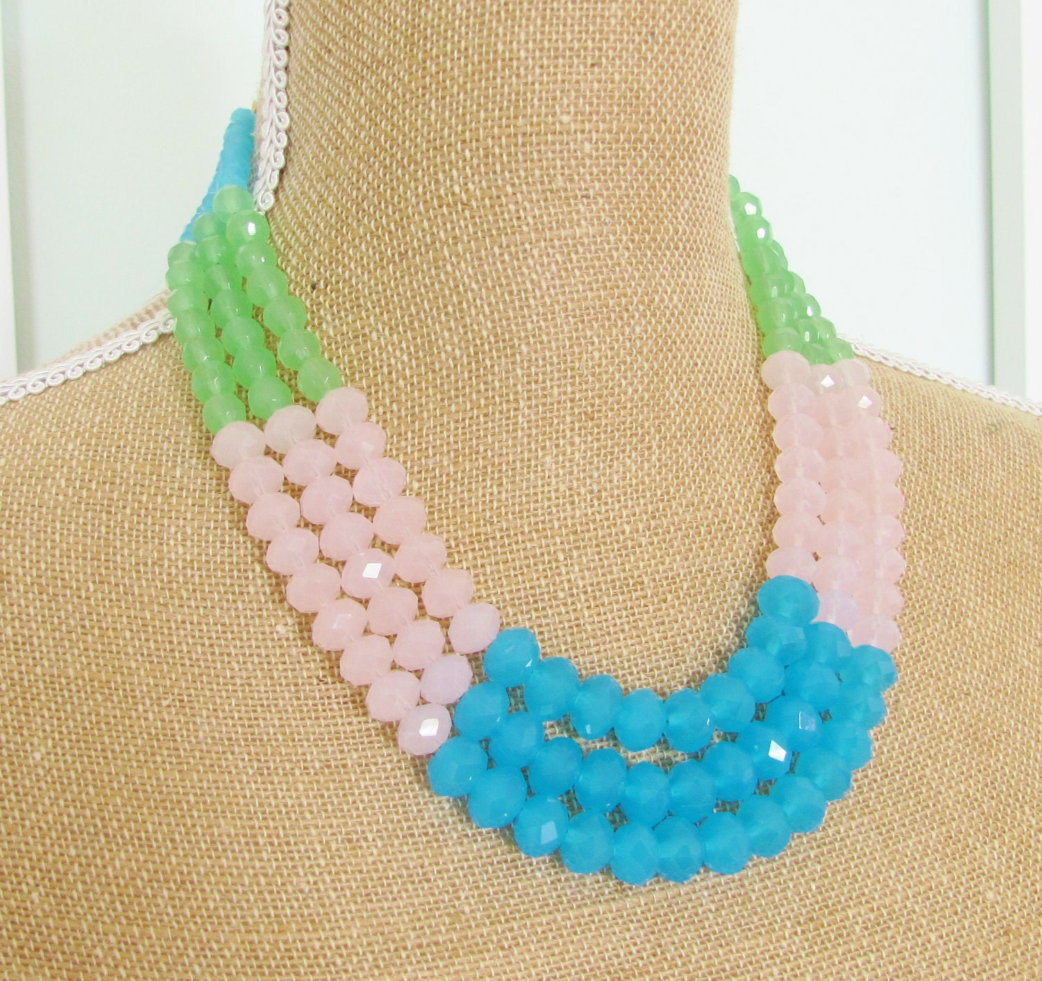 Color Block Necklace Multi Strand Faceted Glass Aqua Blue, Pale Pink, Apple Green Statement OOAK