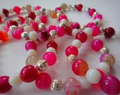 Bright Pink Agate Bracelet, White, Silver Filigree Beads, Elastic Bracelet, Stone Bracelet,