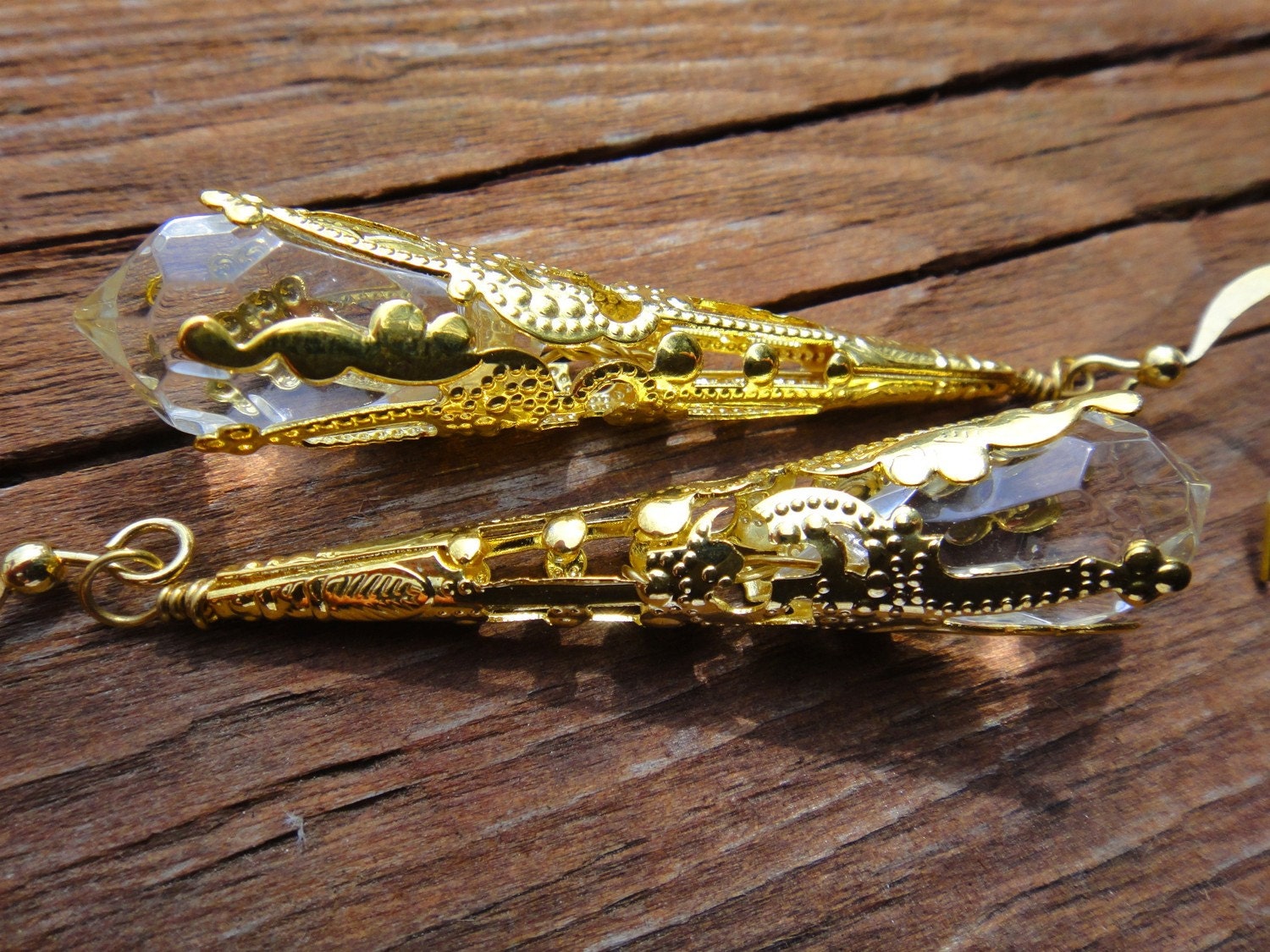 Gold Filigree Cone Earrings, Teardrop Crystal, Formal Earring, Victorian Style Earring